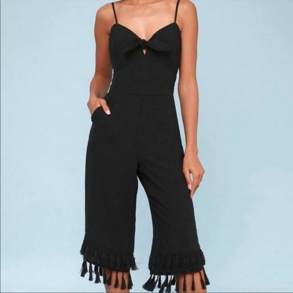 Adelyn Rae Jumpsuit Cropped Tie-Front Tassel Fringe Hem Classic Black S - Picture 1 of 14